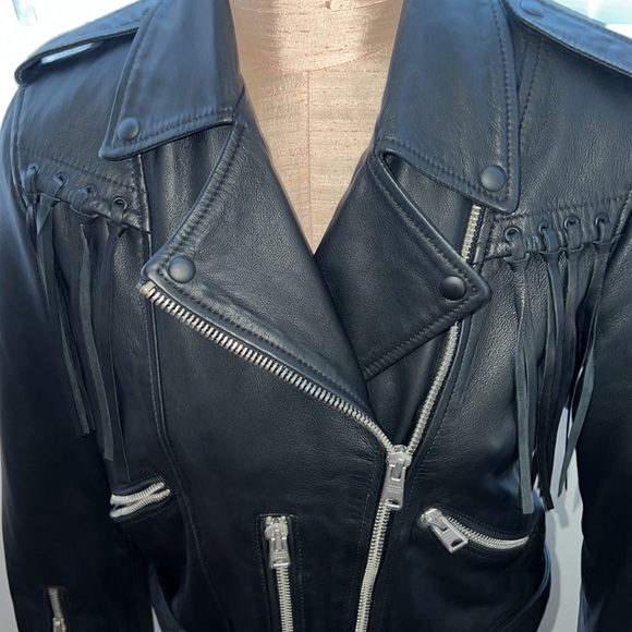 AllSaints Black Tassel Balfern Belted Biker Jacket - Picture 7 of 14
